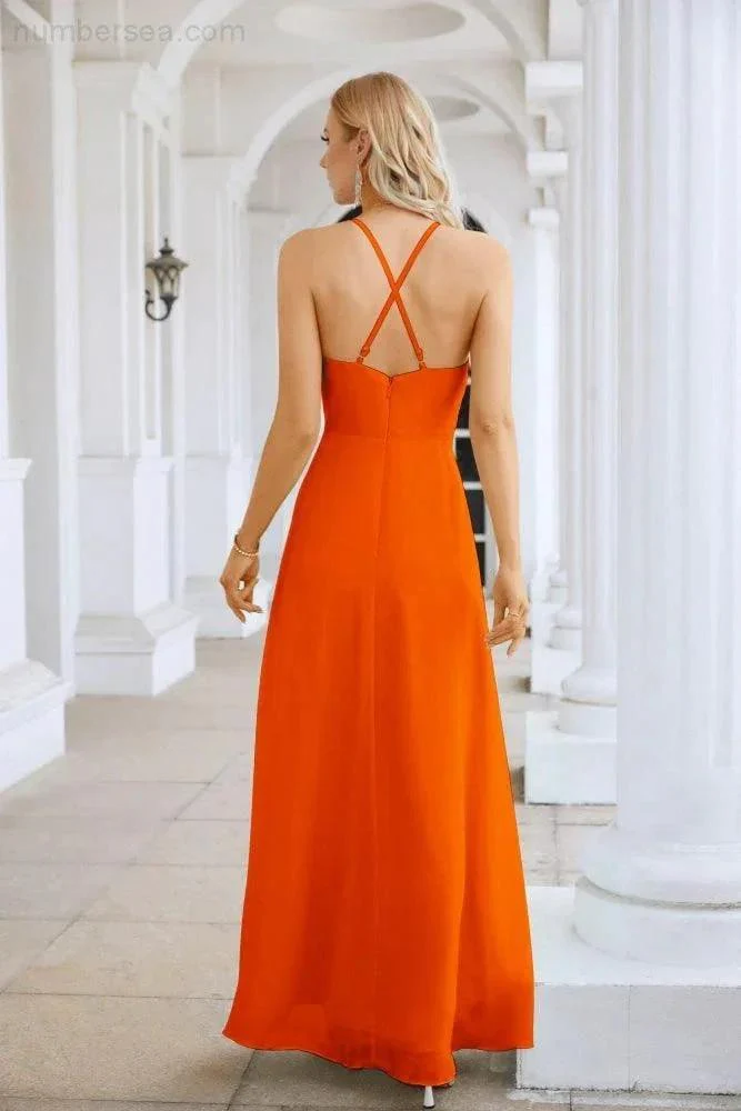Ladies Chiffon Spaghetti Strap V Neck Front Slit Floor Length Bridesmaid Evening Dress Prom Party Wedding Evening Dress 28116 - Image 30