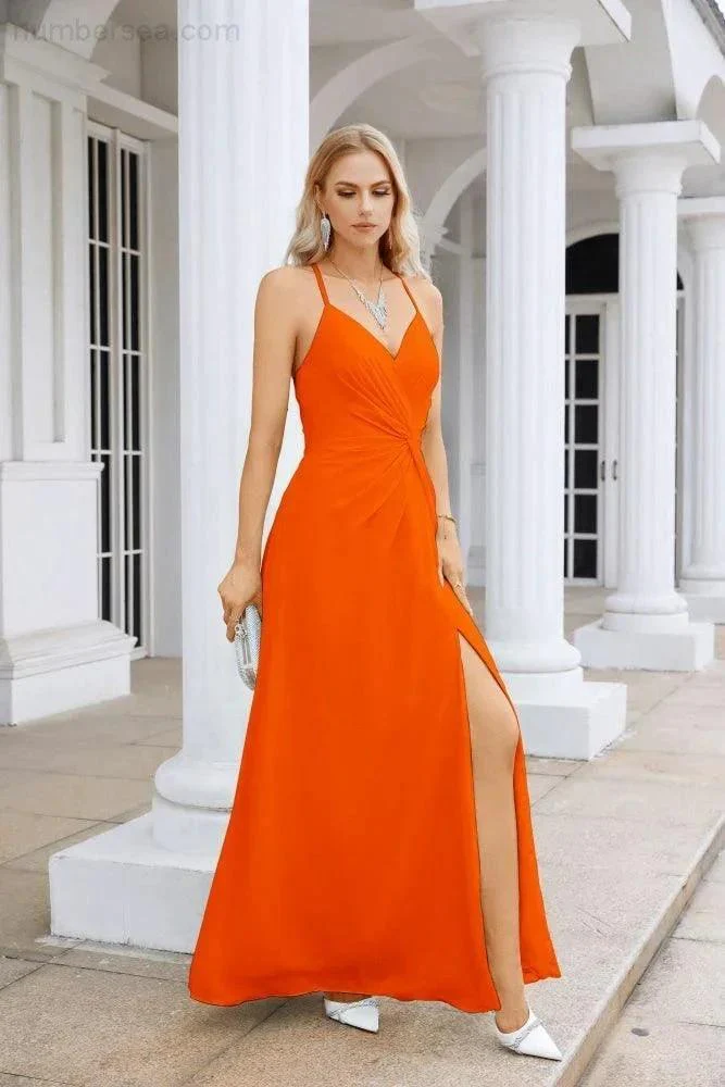 Ladies Chiffon Spaghetti Strap V Neck Front Slit Floor Length Bridesmaid Evening Dress Prom Party Wedding Evening Dress 28116 - Image 31