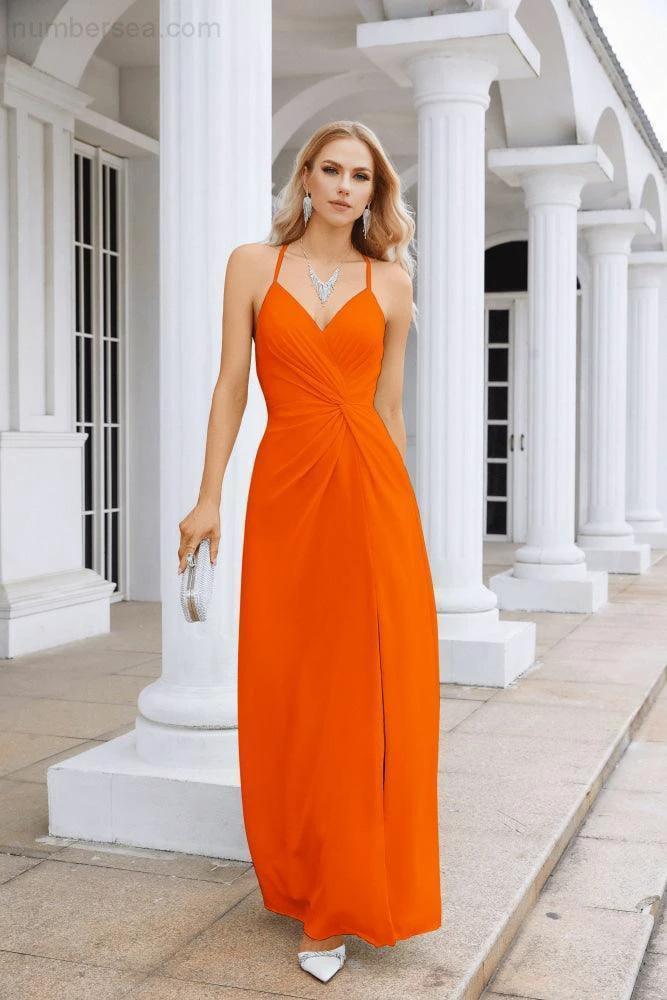 Ladies Chiffon Spaghetti Strap V Neck Front Slit Floor Length Bridesmaid Evening Dress Prom Party Wedding Evening Dress 28116 - Image 32