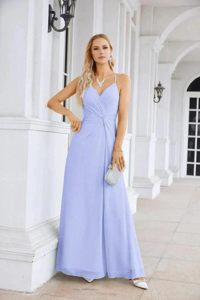 Ladies Chiffon Spaghetti Strap V Neck Front Slit Floor Length Bridesmaid Evening Dress Prom Party Wedding Evening Dress 28116 - Image 33
