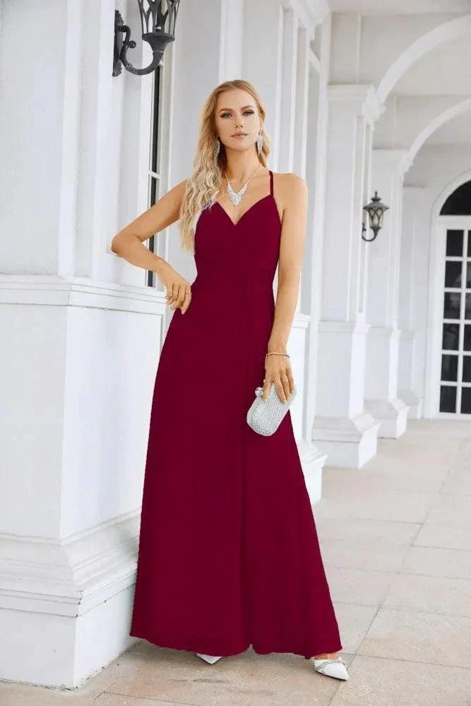 Ladies Chiffon Spaghetti Strap V Neck Front Slit Floor Length Bridesmaid Evening Dress Prom Party Wedding Evening Dress 28116 - Image 37