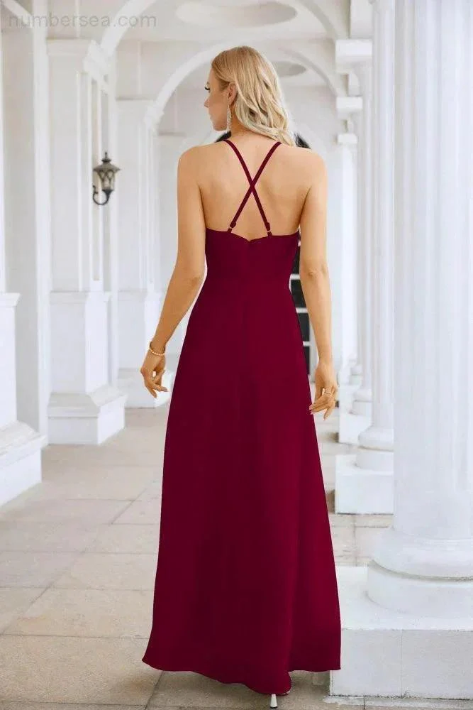 Ladies Chiffon Spaghetti Strap V Neck Front Slit Floor Length Bridesmaid Evening Dress Prom Party Wedding Evening Dress 28116 - Image 38