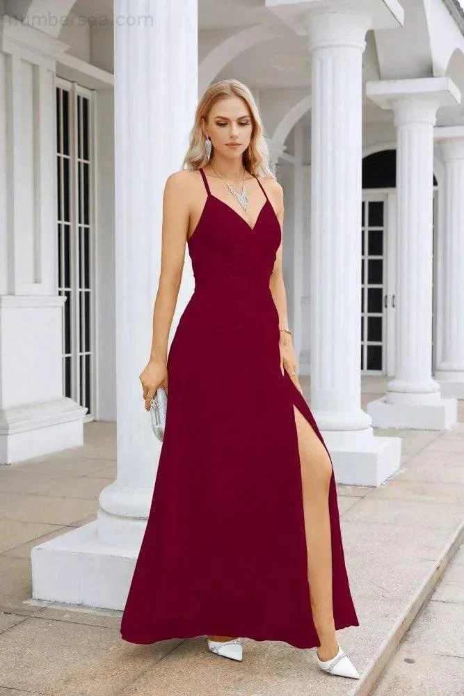 Ladies Chiffon Spaghetti Strap V Neck Front Slit Floor Length Bridesmaid Evening Dress Prom Party Wedding Evening Dress 28116 - Image 39