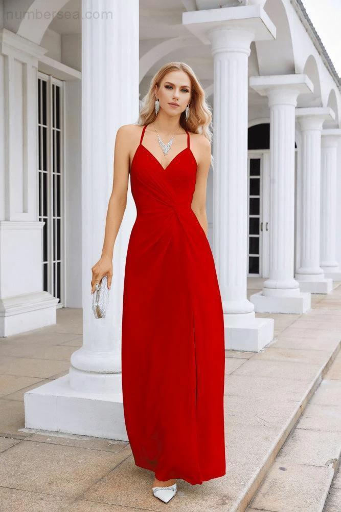 Ladies Chiffon Spaghetti Strap V Neck Front Slit Floor Length Bridesmaid Evening Dress Prom Party Wedding Evening Dress 28116 - Image 4