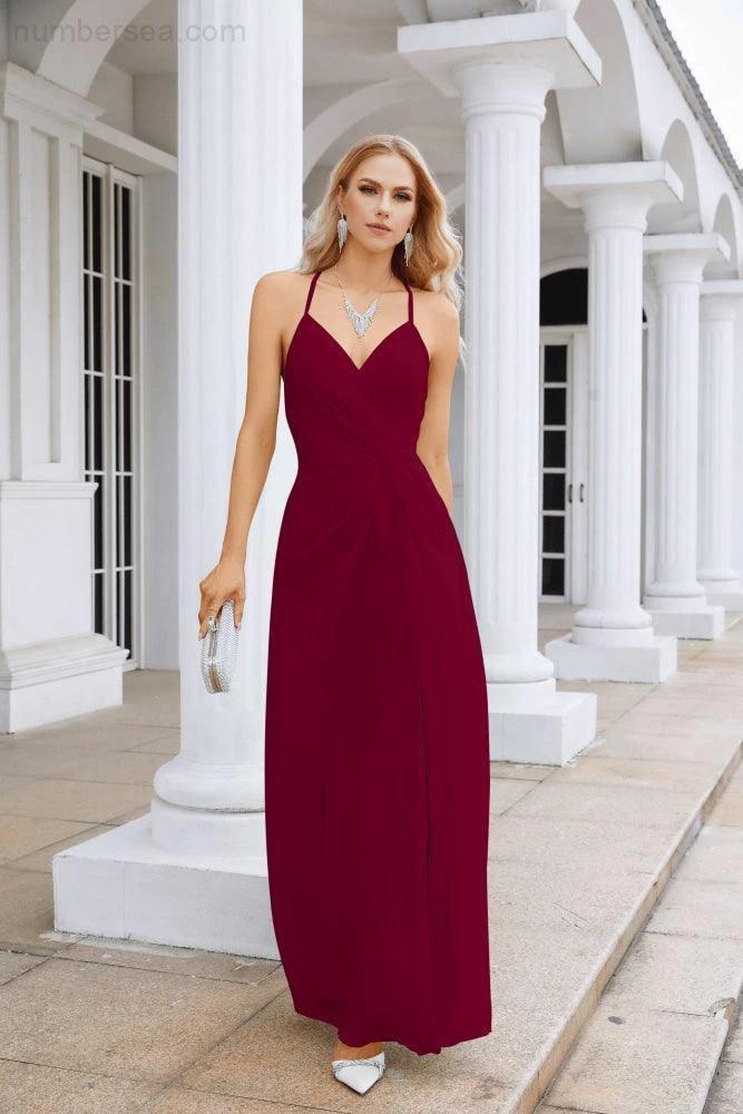Ladies Chiffon Spaghetti Strap V Neck Front Slit Floor Length Bridesmaid Evening Dress Prom Party Wedding Evening Dress 28116 - Image 40