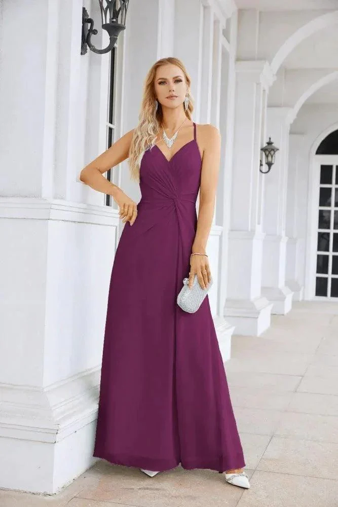 Ladies Chiffon Spaghetti Strap V Neck Front Slit Floor Length Bridesmaid Evening Dress Prom Party Wedding Evening Dress 28116 - Image 41