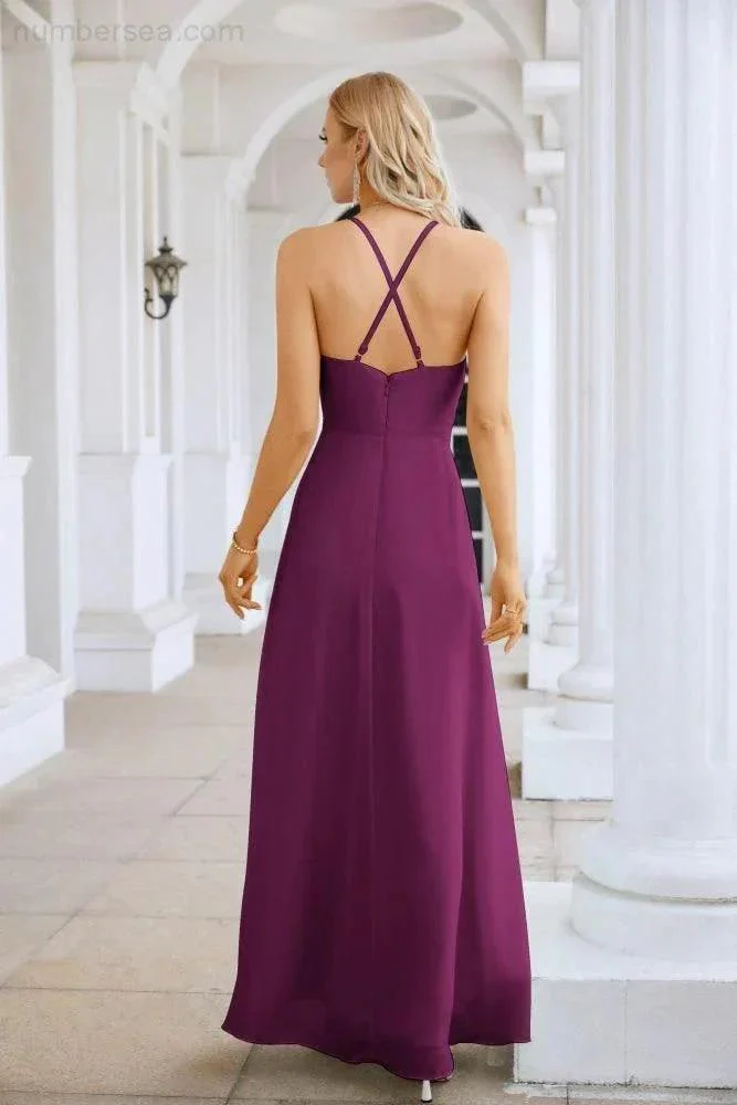 Ladies Chiffon Spaghetti Strap V Neck Front Slit Floor Length Bridesmaid Evening Dress Prom Party Wedding Evening Dress 28116 - Image 42