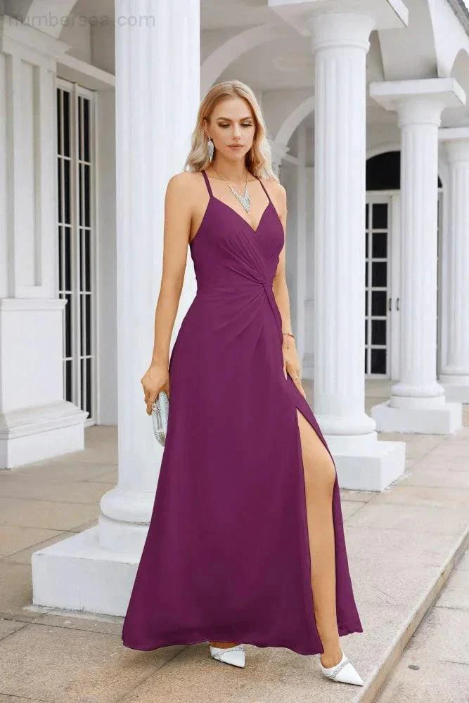 Ladies Chiffon Spaghetti Strap V Neck Front Slit Floor Length Bridesmaid Evening Dress Prom Party Wedding Evening Dress 28116 - Image 43
