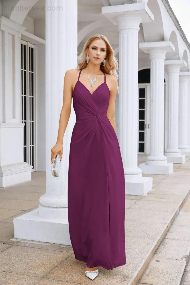 Ladies Chiffon Spaghetti Strap V Neck Front Slit Floor Length Bridesmaid Evening Dress Prom Party Wedding Evening Dress 28116 - Image 44