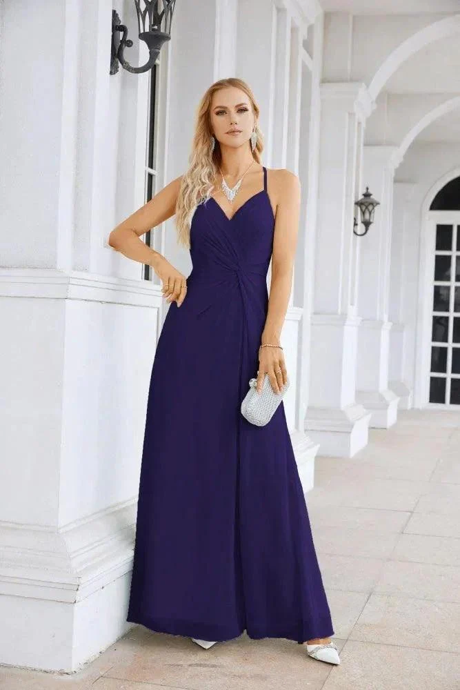 Ladies Chiffon Spaghetti Strap V Neck Front Slit Floor Length Bridesmaid Evening Dress Prom Party Wedding Evening Dress 28116 - Image 45