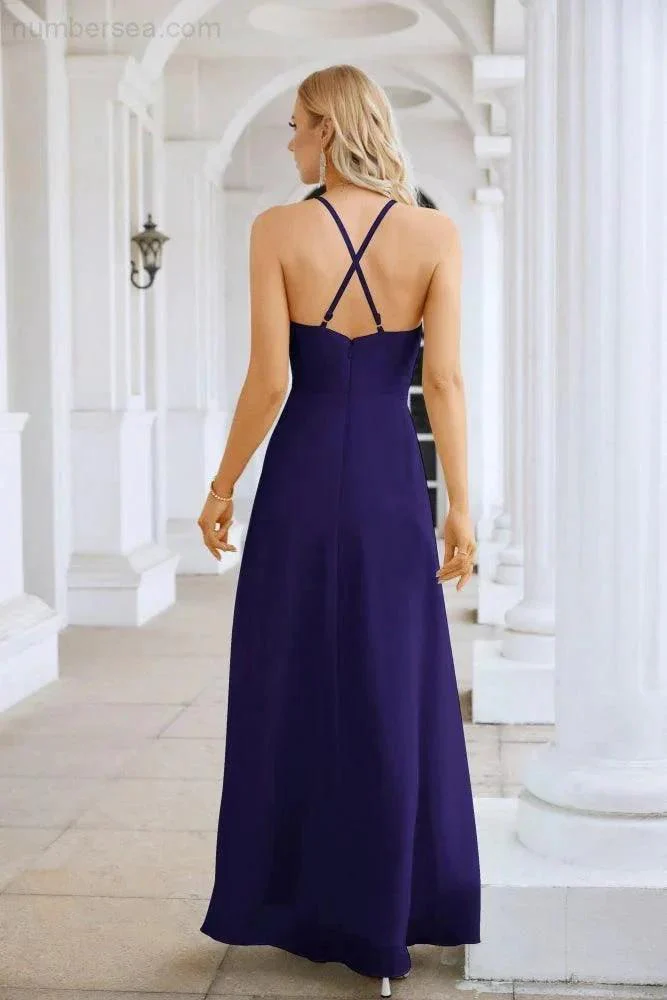 Ladies Chiffon Spaghetti Strap V Neck Front Slit Floor Length Bridesmaid Evening Dress Prom Party Wedding Evening Dress 28116 - Image 46