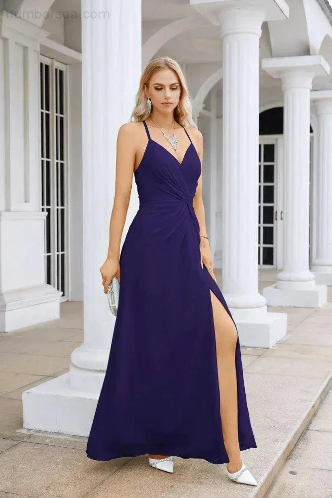 Ladies Chiffon Spaghetti Strap V Neck Front Slit Floor Length Bridesmaid Evening Dress Prom Party Wedding Evening Dress 28116 - Image 47