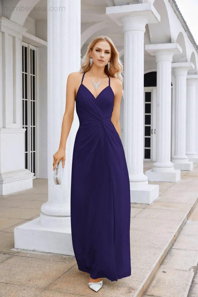 Ladies Chiffon Spaghetti Strap V Neck Front Slit Floor Length Bridesmaid Evening Dress Prom Party Wedding Evening Dress 28116 - Image 48