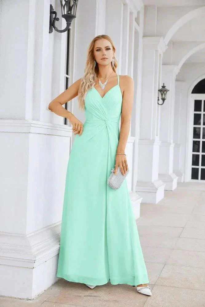 Ladies Chiffon Spaghetti Strap V Neck Front Slit Floor Length Bridesmaid Evening Dress Prom Party Wedding Evening Dress 28116 - Image 49