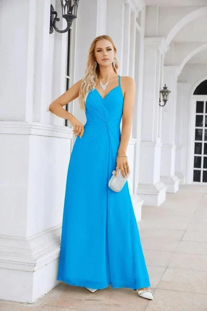Ladies Chiffon Spaghetti Strap V Neck Front Slit Floor Length Bridesmaid Evening Dress Prom Party Wedding Evening Dress 28116 - Image 5
