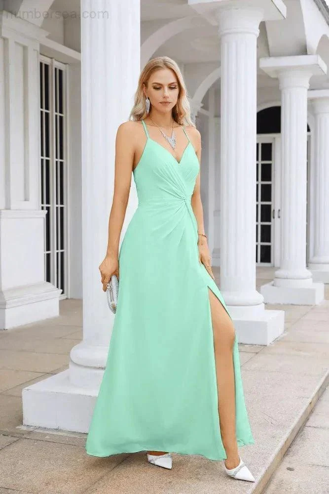 Ladies Chiffon Spaghetti Strap V Neck Front Slit Floor Length Bridesmaid Evening Dress Prom Party Wedding Evening Dress 28116 - Image 51