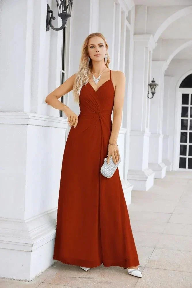 Ladies Chiffon Spaghetti Strap V Neck Front Slit Floor Length Bridesmaid Evening Dress Prom Party Wedding Evening Dress 28116 - Image 53