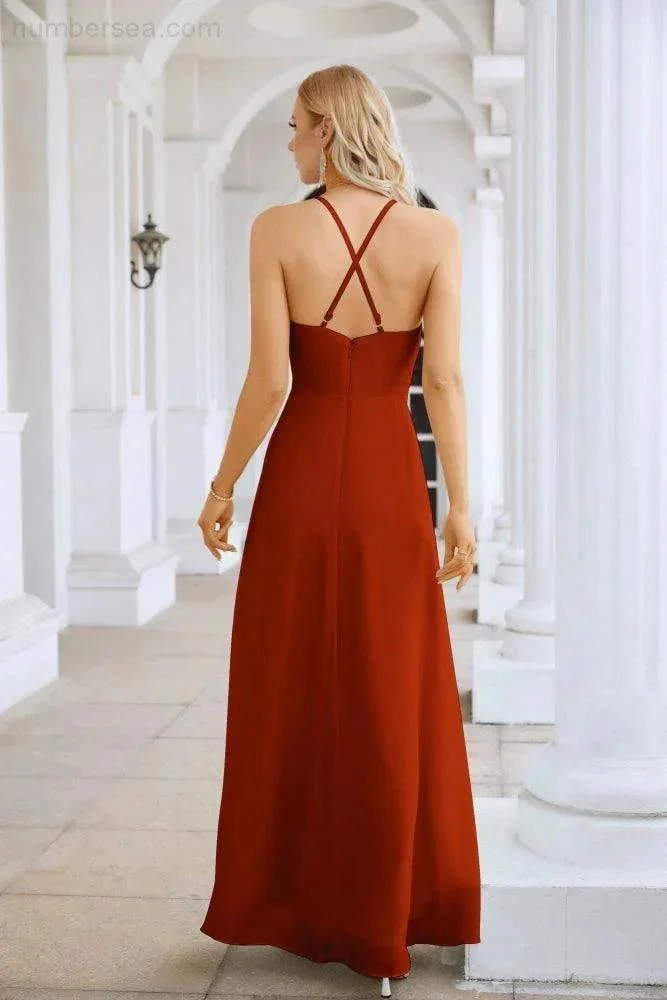 Ladies Chiffon Spaghetti Strap V Neck Front Slit Floor Length Bridesmaid Evening Dress Prom Party Wedding Evening Dress 28116 - Image 54