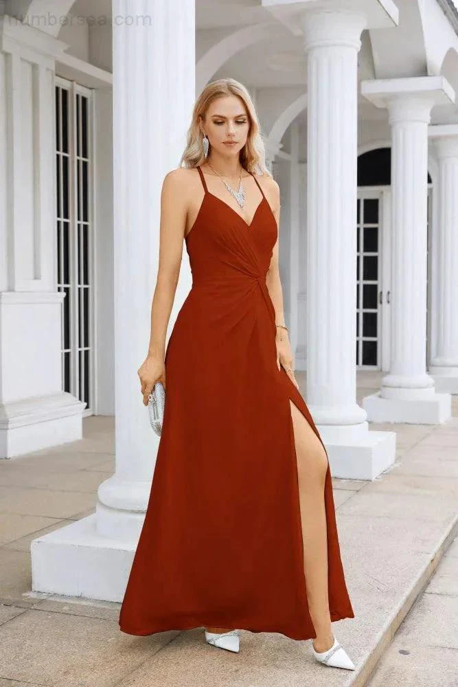 Ladies Chiffon Spaghetti Strap V Neck Front Slit Floor Length Bridesmaid Evening Dress Prom Party Wedding Evening Dress 28116 - Image 55