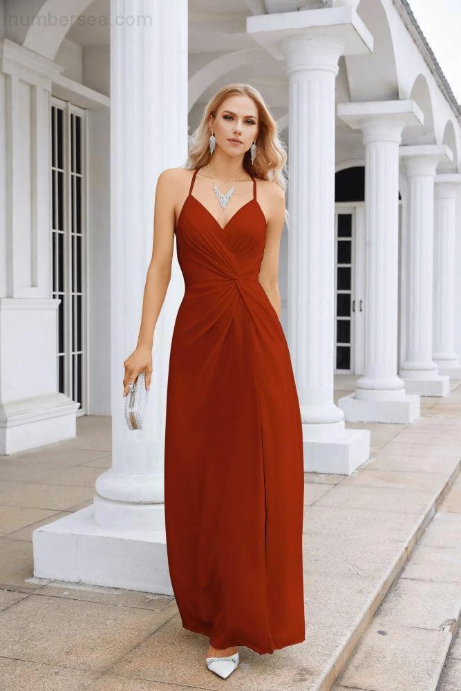 Ladies Chiffon Spaghetti Strap V Neck Front Slit Floor Length Bridesmaid Evening Dress Prom Party Wedding Evening Dress 28116 - Image 56