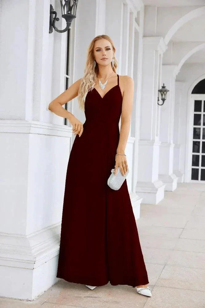 Ladies Chiffon Spaghetti Strap V Neck Front Slit Floor Length Bridesmaid Evening Dress Prom Party Wedding Evening Dress 28116 - Image 57