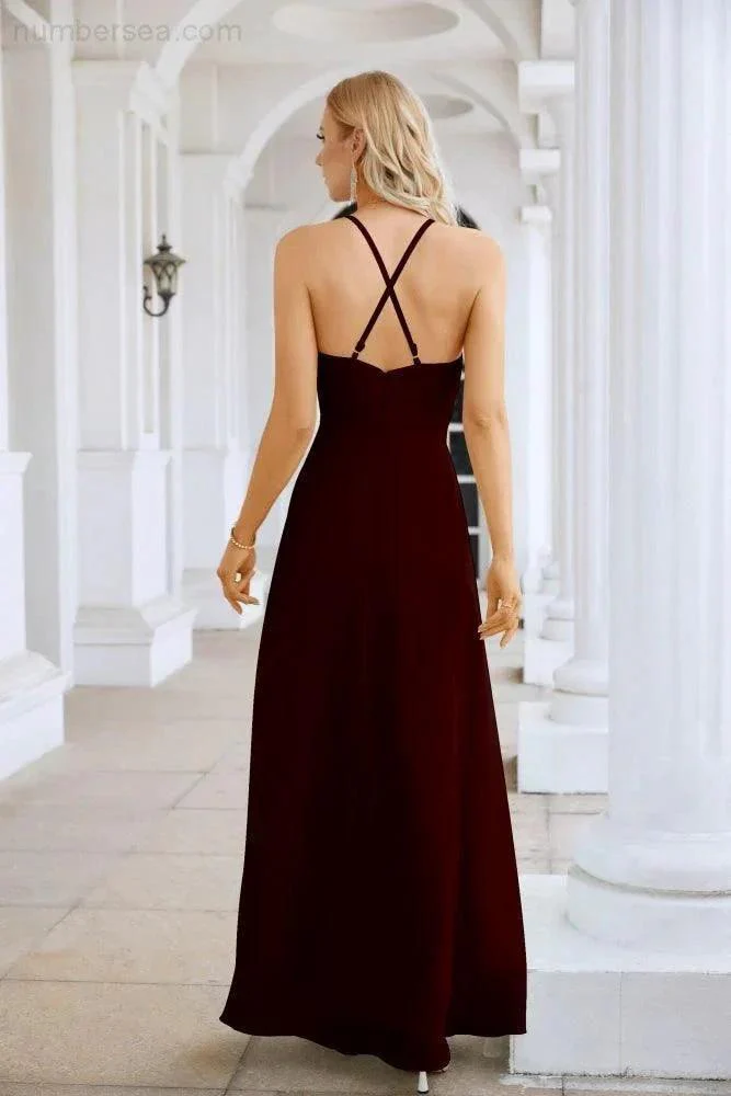 Ladies Chiffon Spaghetti Strap V Neck Front Slit Floor Length Bridesmaid Evening Dress Prom Party Wedding Evening Dress 28116 - Image 58