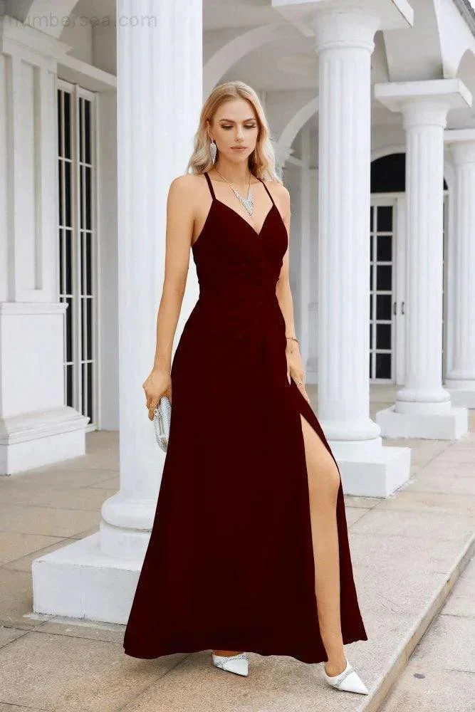 Ladies Chiffon Spaghetti Strap V Neck Front Slit Floor Length Bridesmaid Evening Dress Prom Party Wedding Evening Dress 28116 - Image 59