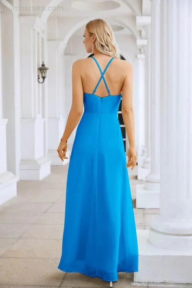 Ladies Chiffon Spaghetti Strap V Neck Front Slit Floor Length Bridesmaid Evening Dress Prom Party Wedding Evening Dress 28116 - Image 6
