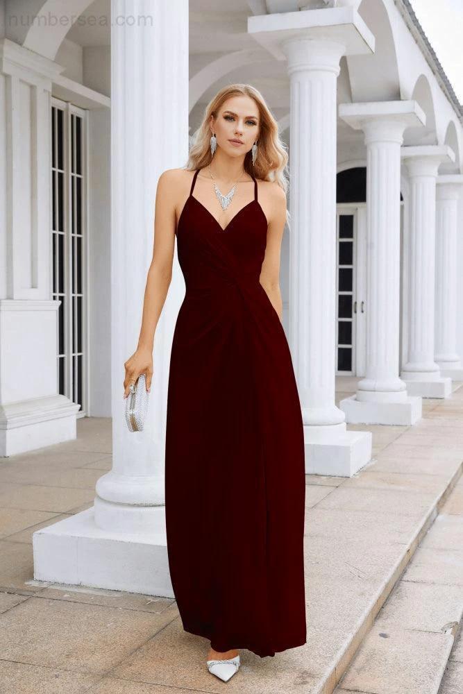 Ladies Chiffon Spaghetti Strap V Neck Front Slit Floor Length Bridesmaid Evening Dress Prom Party Wedding Evening Dress 28116 - Image 60