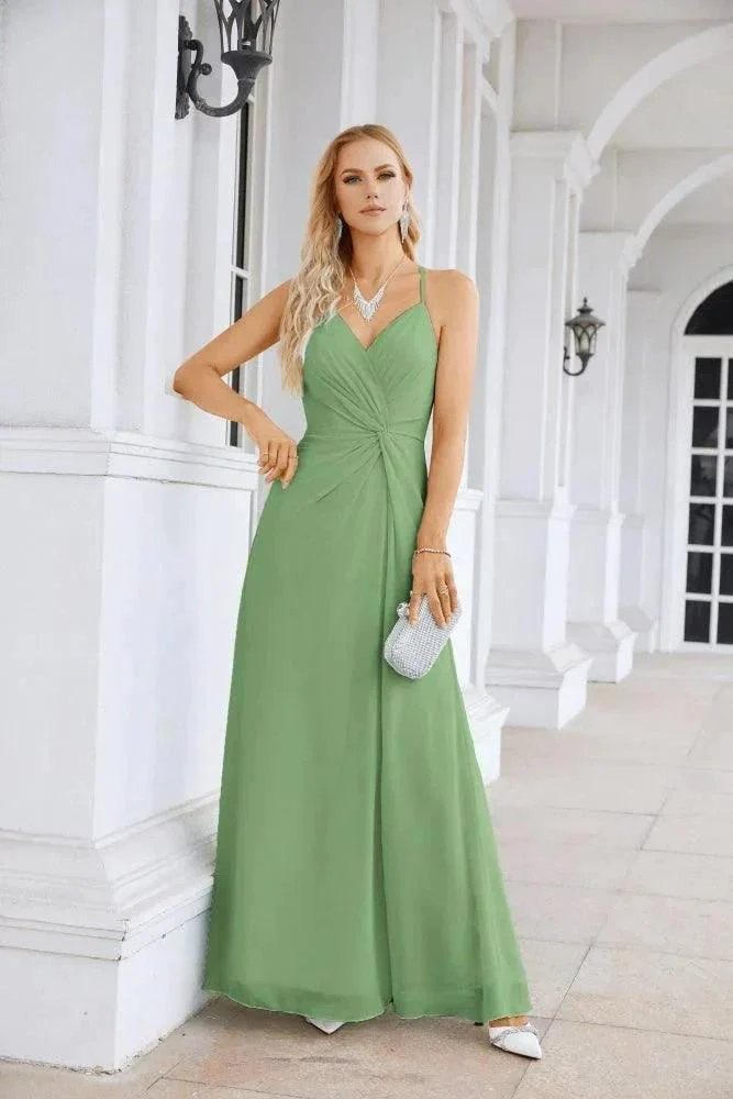 Ladies Chiffon Spaghetti Strap V Neck Front Slit Floor Length Bridesmaid Evening Dress Prom Party Wedding Evening Dress 28116 - Image 61