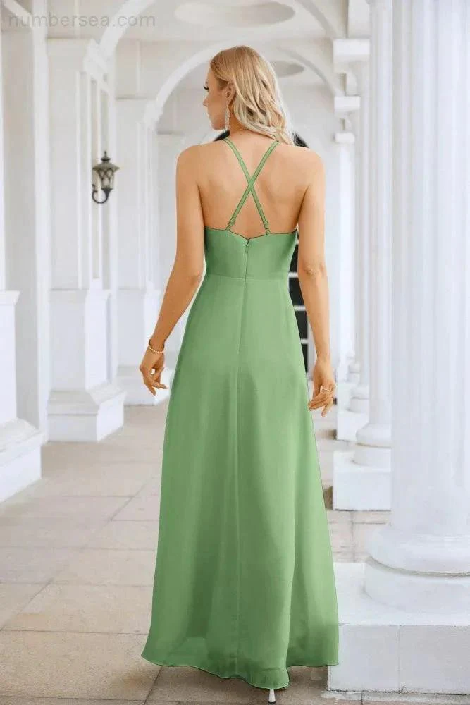 Ladies Chiffon Spaghetti Strap V Neck Front Slit Floor Length Bridesmaid Evening Dress Prom Party Wedding Evening Dress 28116 - Image 62