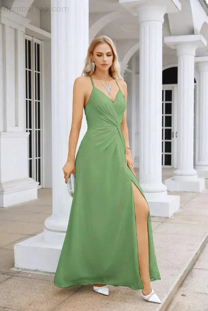 Ladies Chiffon Spaghetti Strap V Neck Front Slit Floor Length Bridesmaid Evening Dress Prom Party Wedding Evening Dress 28116 - Image 63