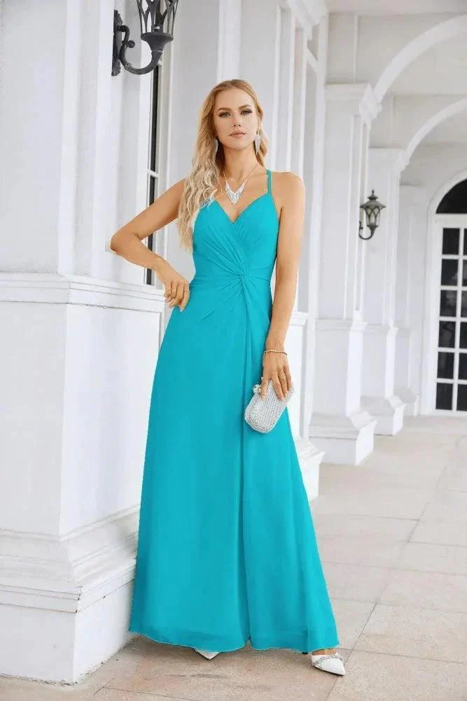 Ladies Chiffon Spaghetti Strap V Neck Front Slit Floor Length Bridesmaid Evening Dress Prom Party Wedding Evening Dress 28116 - Image 65