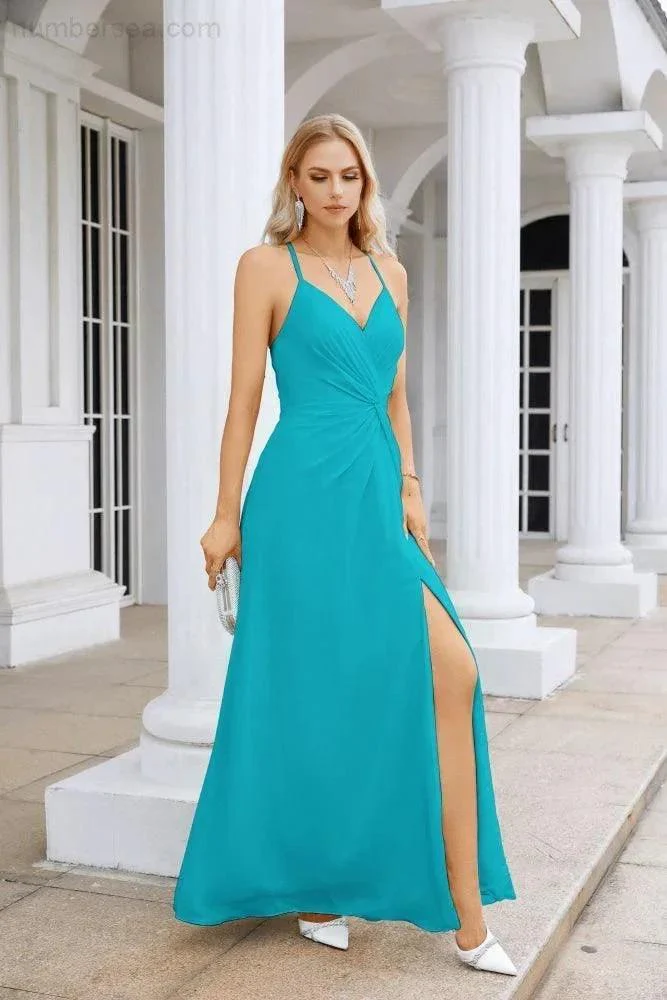 Ladies Chiffon Spaghetti Strap V Neck Front Slit Floor Length Bridesmaid Evening Dress Prom Party Wedding Evening Dress 28116 - Image 67