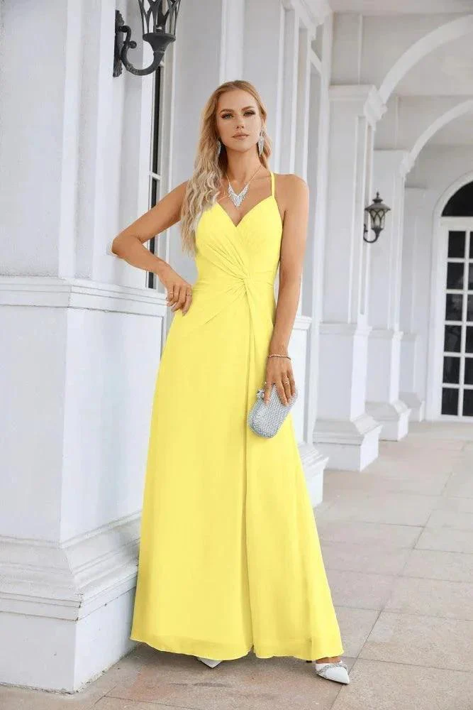Ladies Chiffon Spaghetti Strap V Neck Front Slit Floor Length Bridesmaid Evening Dress Prom Party Wedding Evening Dress 28116 - Image 69