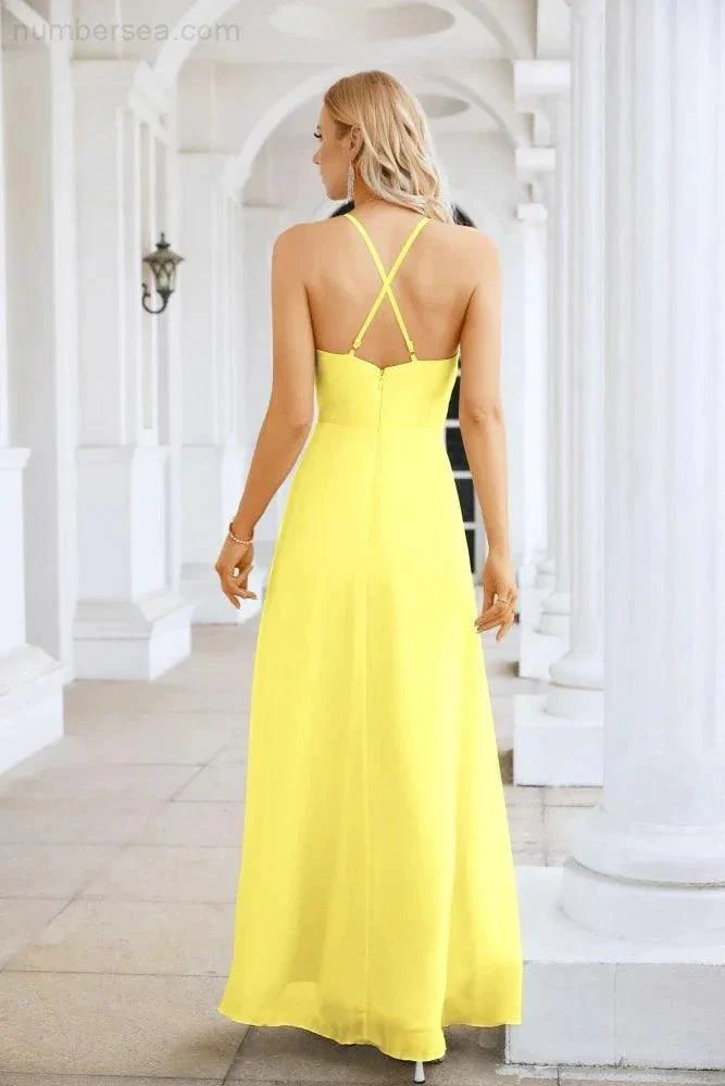 Ladies Chiffon Spaghetti Strap V Neck Front Slit Floor Length Bridesmaid Evening Dress Prom Party Wedding Evening Dress 28116 - Image 70
