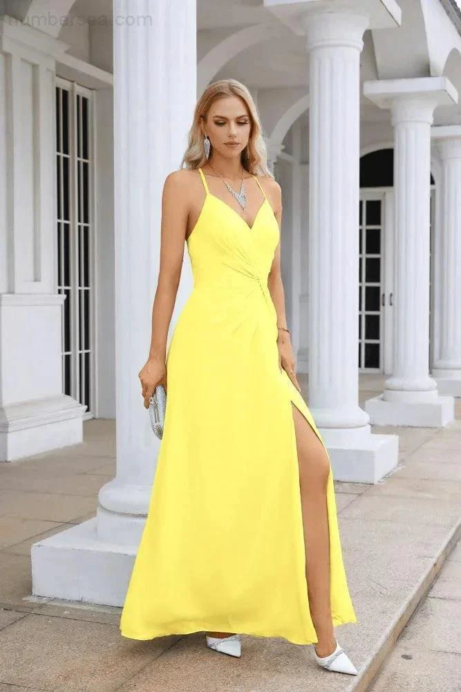 Ladies Chiffon Spaghetti Strap V Neck Front Slit Floor Length Bridesmaid Evening Dress Prom Party Wedding Evening Dress 28116 - Image 71