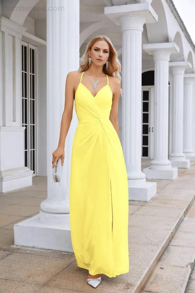 Ladies Chiffon Spaghetti Strap V Neck Front Slit Floor Length Bridesmaid Evening Dress Prom Party Wedding Evening Dress 28116 - Image 72