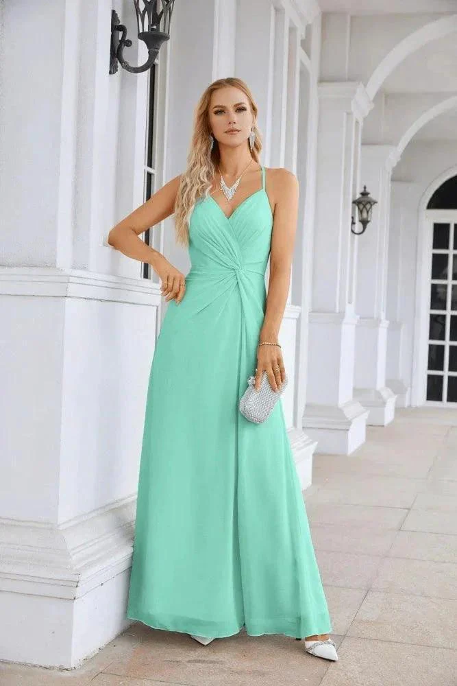Ladies Chiffon Spaghetti Strap V Neck Front Slit Floor Length Bridesmaid Evening Dress Prom Party Wedding Evening Dress 28116 - Image 73