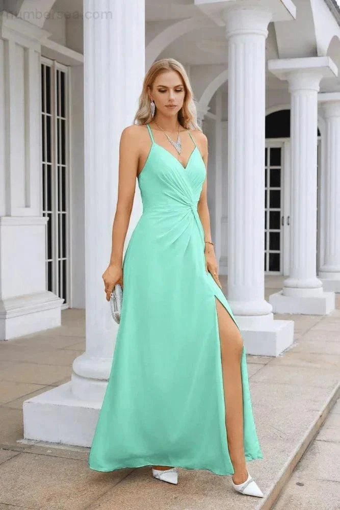 Ladies Chiffon Spaghetti Strap V Neck Front Slit Floor Length Bridesmaid Evening Dress Prom Party Wedding Evening Dress 28116 - Image 75