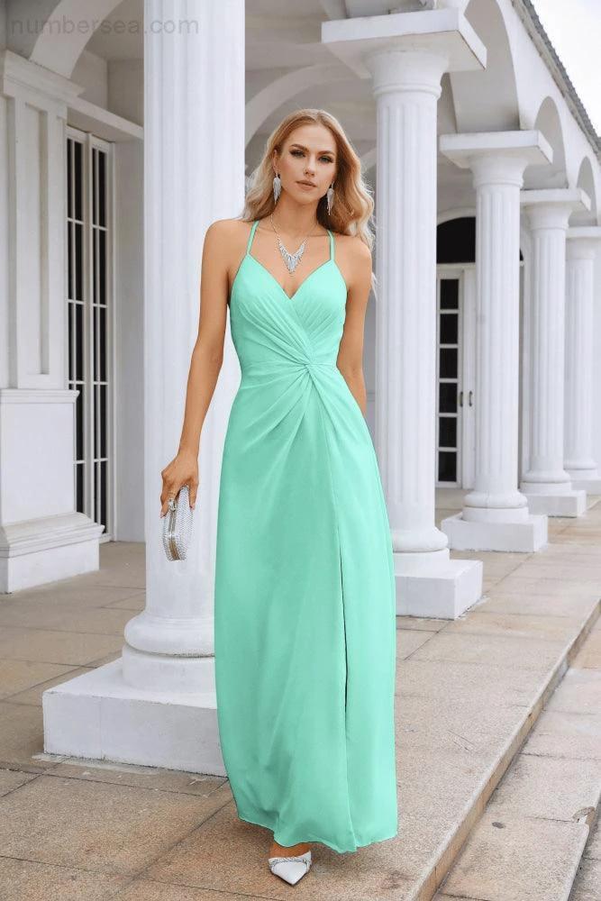 Ladies Chiffon Spaghetti Strap V Neck Front Slit Floor Length Bridesmaid Evening Dress Prom Party Wedding Evening Dress 28116 - Image 76