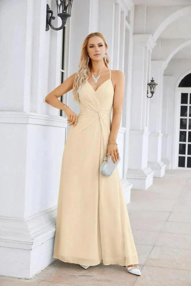 Ladies Chiffon Spaghetti Strap V Neck Front Slit Floor Length Bridesmaid Evening Dress Prom Party Wedding Evening Dress 28116 - Image 77