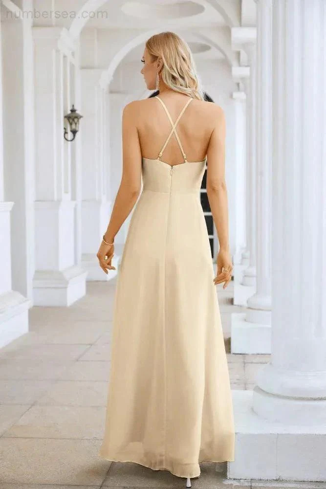 Ladies Chiffon Spaghetti Strap V Neck Front Slit Floor Length Bridesmaid Evening Dress Prom Party Wedding Evening Dress 28116 - Image 78