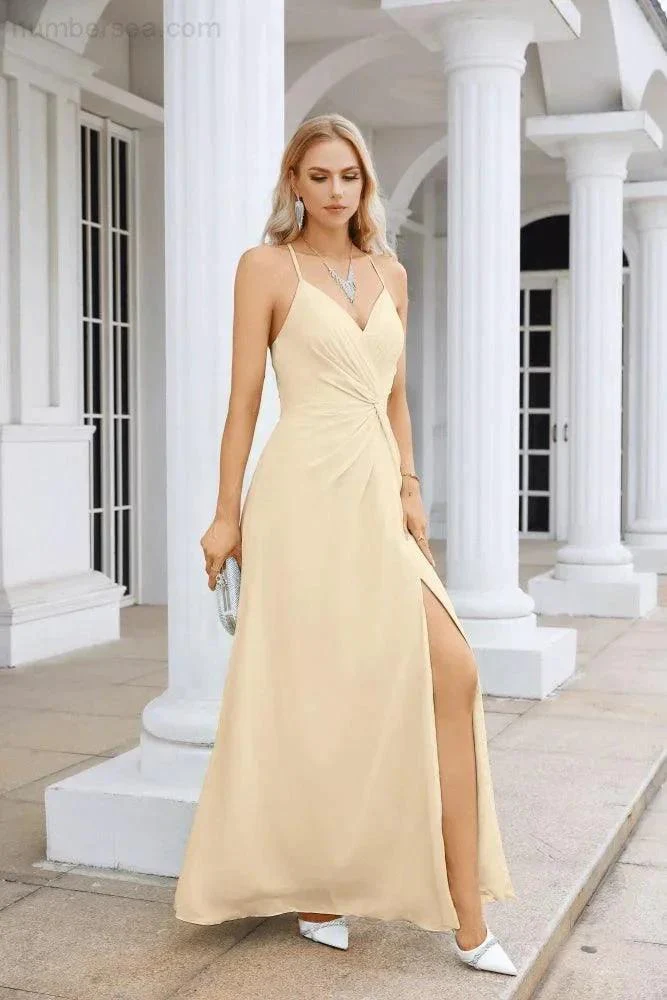 Ladies Chiffon Spaghetti Strap V Neck Front Slit Floor Length Bridesmaid Evening Dress Prom Party Wedding Evening Dress 28116 - Image 79