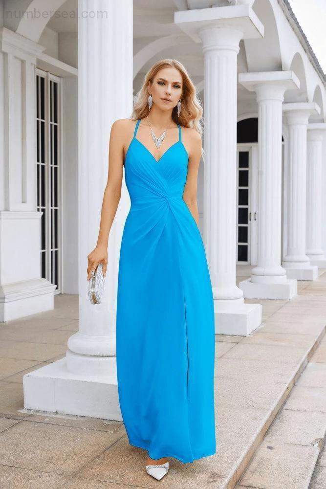 Ladies Chiffon Spaghetti Strap V Neck Front Slit Floor Length Bridesmaid Evening Dress Prom Party Wedding Evening Dress 28116 - Image 8