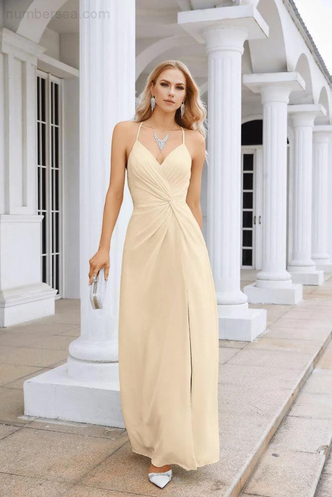 Ladies Chiffon Spaghetti Strap V Neck Front Slit Floor Length Bridesmaid Evening Dress Prom Party Wedding Evening Dress 28116 - Image 80