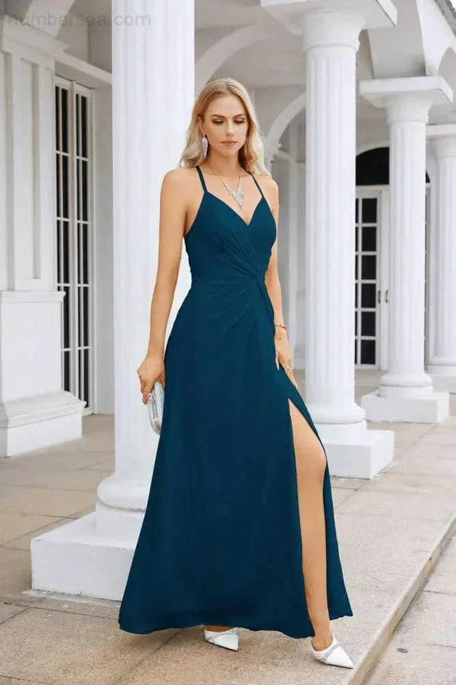 Ladies Chiffon Spaghetti Strap V Neck Front Slit Floor Length Bridesmaid Evening Dress Prom Party Wedding Evening Dress 28116 - Image 83