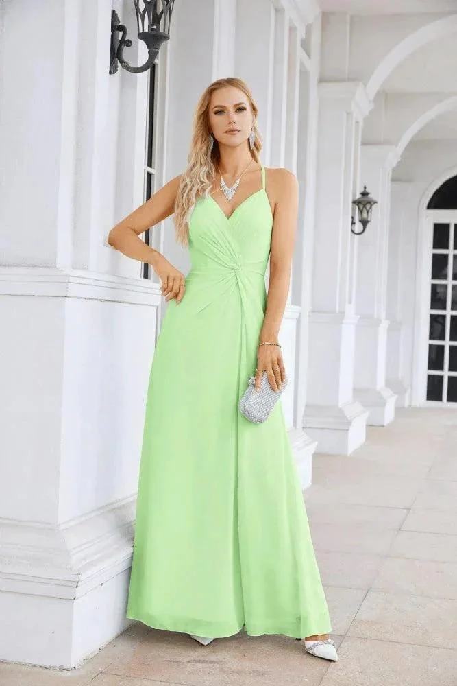Ladies Chiffon Spaghetti Strap V Neck Front Slit Floor Length Bridesmaid Evening Dress Prom Party Wedding Evening Dress 28116 - Image 85