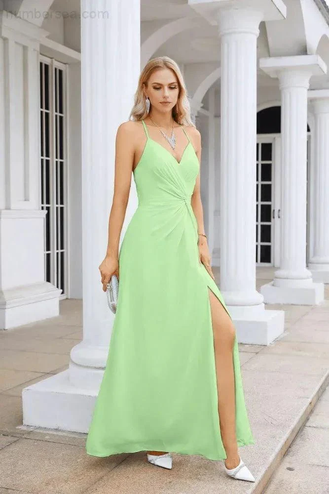 Ladies Chiffon Spaghetti Strap V Neck Front Slit Floor Length Bridesmaid Evening Dress Prom Party Wedding Evening Dress 28116 - Image 87