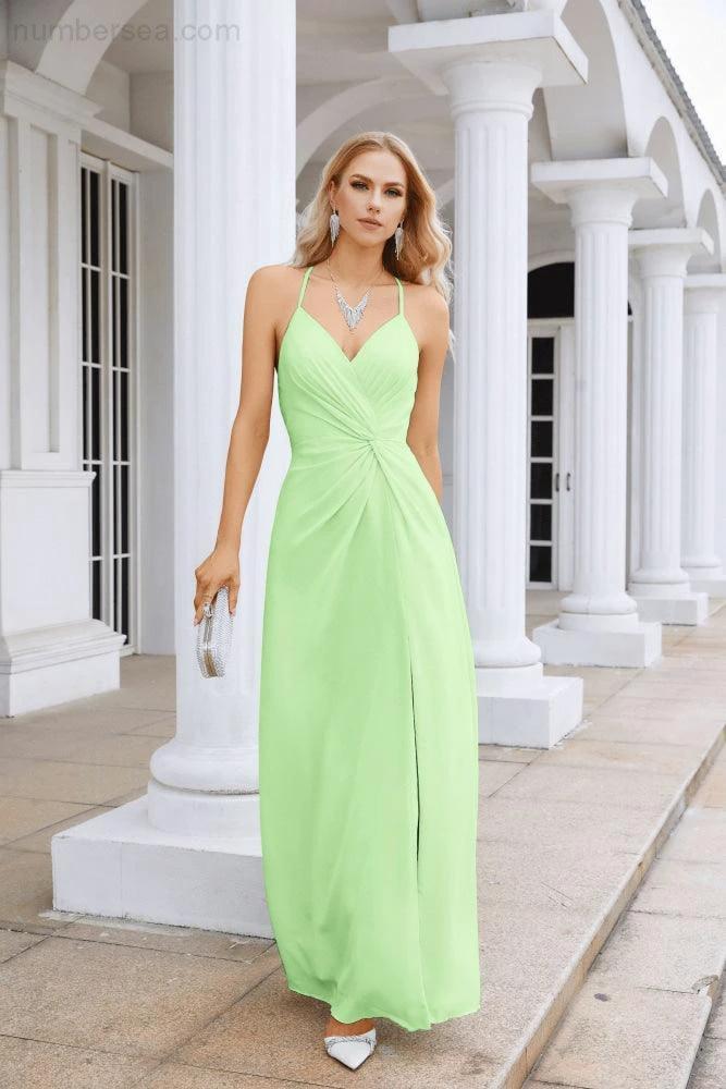 Ladies Chiffon Spaghetti Strap V Neck Front Slit Floor Length Bridesmaid Evening Dress Prom Party Wedding Evening Dress 28116 - Image 88